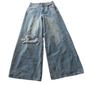 Edikted Jeans Womens XS High Rise Extra Wide Leg Blue Denim Skater Y2K Distress